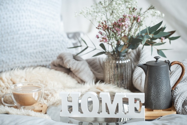 Photo home spring still life with a cup of coffee