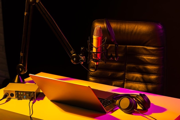home studio podcast interior microphone table and chair