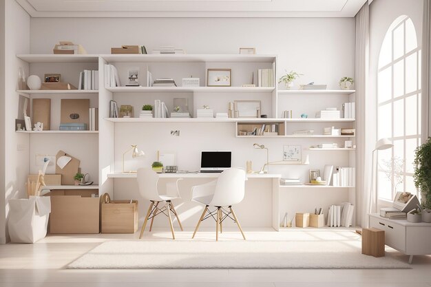 Home study room interior design in white concept with study table books shelves and decorations 3d rendering