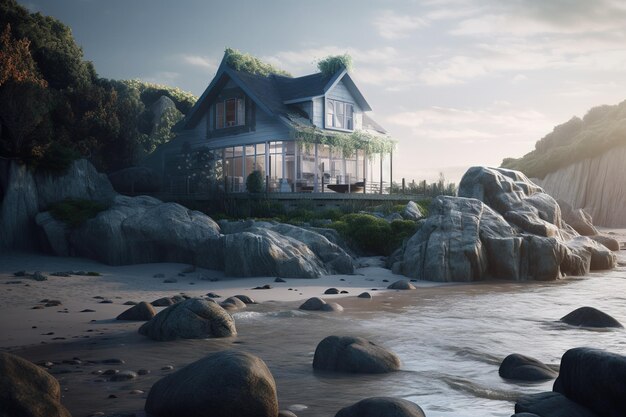 Photo a home that is perched on the edge of a cliff and is located near to a body of water