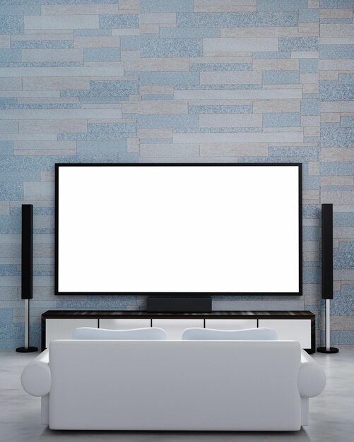 Photo home theater brick marble pattern wallpaper without people screen tv and audio equipment for mini home theater in living room white sofa bed on the marble floor 3d rendering