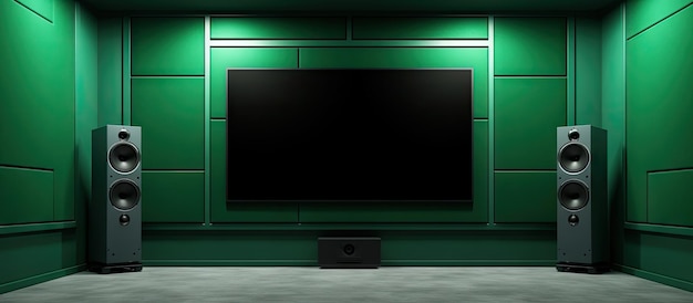 Home theater system with a television on a green screen and speakers for sound