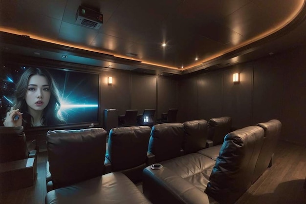 Photo a home theater with a movie screen and a black couch.