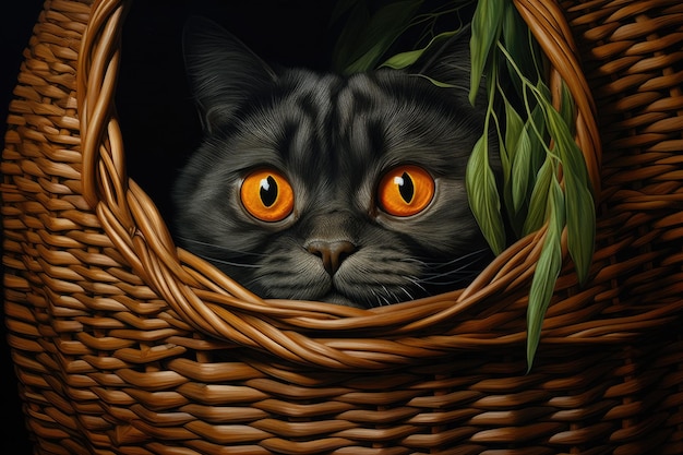 At home there is a cat that has orange eyes and is concealing itself inside a basket