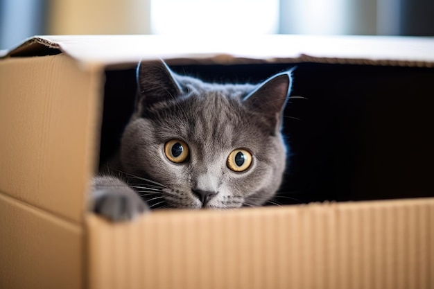 At home there is a charming grey feline tucked inside a cardboard box on the floor