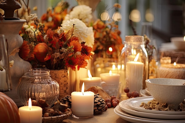 At home there is a white table adorned with autumn dcor where candles are gently flickering