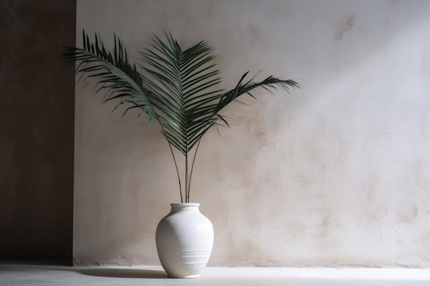 Home vase palm wall tree decor interior shadows concrete sunlight design colours Generative AI