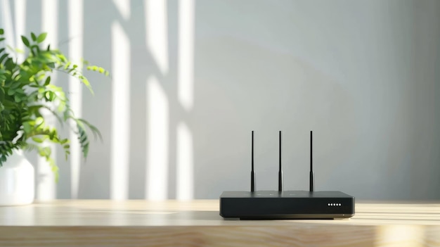 Foto router wi-fi domestico sul tavolo router modem wireless su una scrivania con spazio per le copie