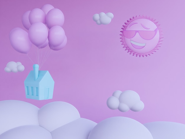 Home with ballon floating in sky.3d render background.