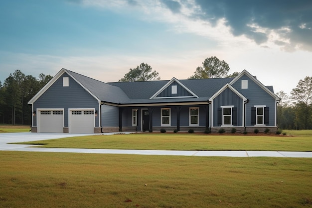 A home with a blue exterior and a large yard