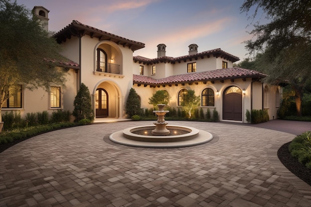 A home with a fountain in the courtyard