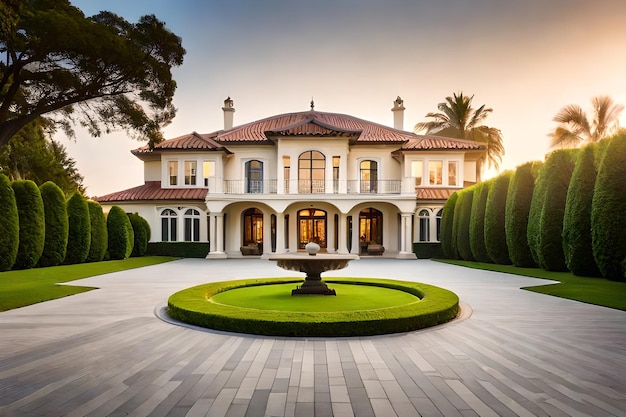 A home with a fountain in the middle of the yard