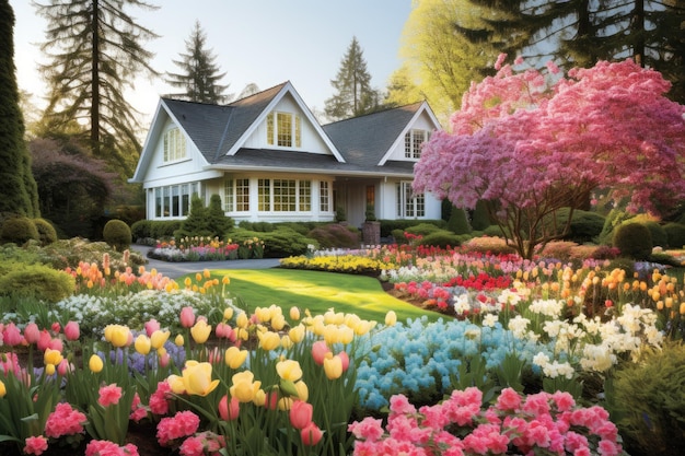 A home with a garden of tulips.