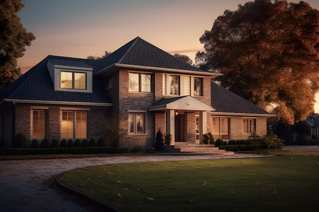 A home with a large front lawn and a large tree in the background