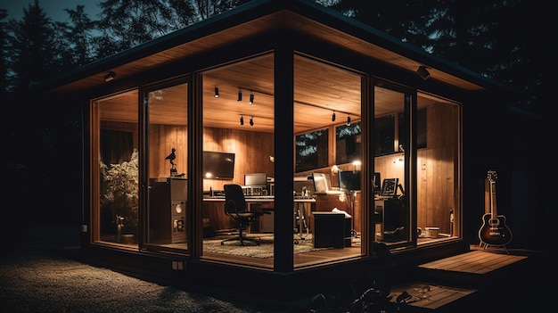 A home with a large glass door and a wooden roof with a light on the wall.