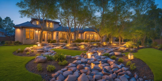 A home with a large stone garden and a large house with a large yard and trees in the background.