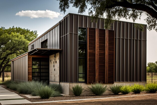 A home with a metal roof and a garage door.