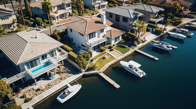 Photo a home with a pool and a boat in the water