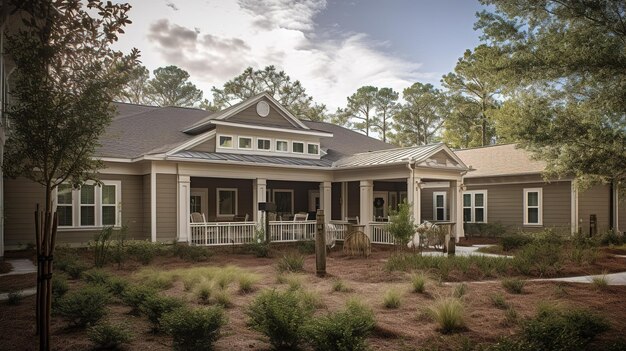 A home with a porch and a porch with a roof that says home sweet home