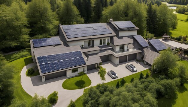 Photo a home with solar panels on the roof and a car parked in front of it