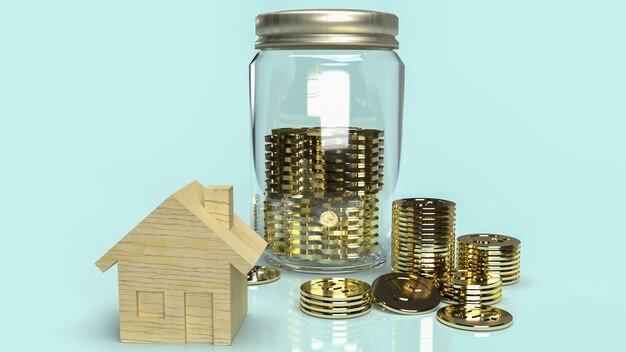 The home wood and coins for save money content 3d rendering.