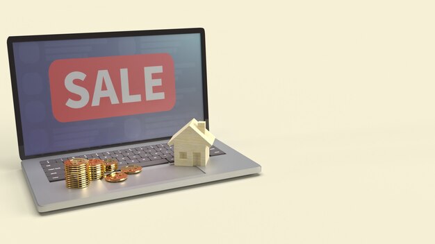 Home wood on laptop and gold coin 3d rendering for property content.