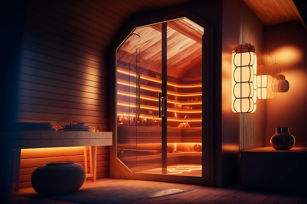 Home wooden sauna spa room Generative AIxA