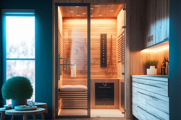 Home wooden sauna spa room Generative AIxA