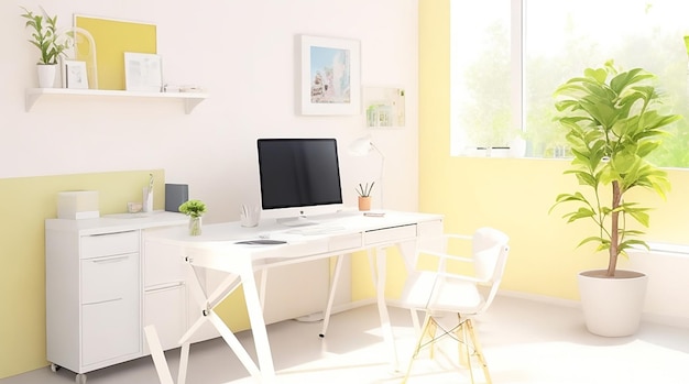 写真 自宅の職場のモダンなオフィスルームの日当たりの良いスタイルで、白い家具と現実的なパステルカラーで