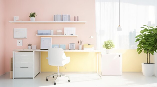 Home workplace modern office room sunny style in pastel colors realistic with white furniture