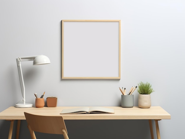 Home workplace table with decor and blank wall Mockups Design 3D Generative Ai