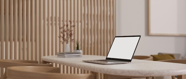 Home workplace with laptop mockup and decor on beautiful white dining table