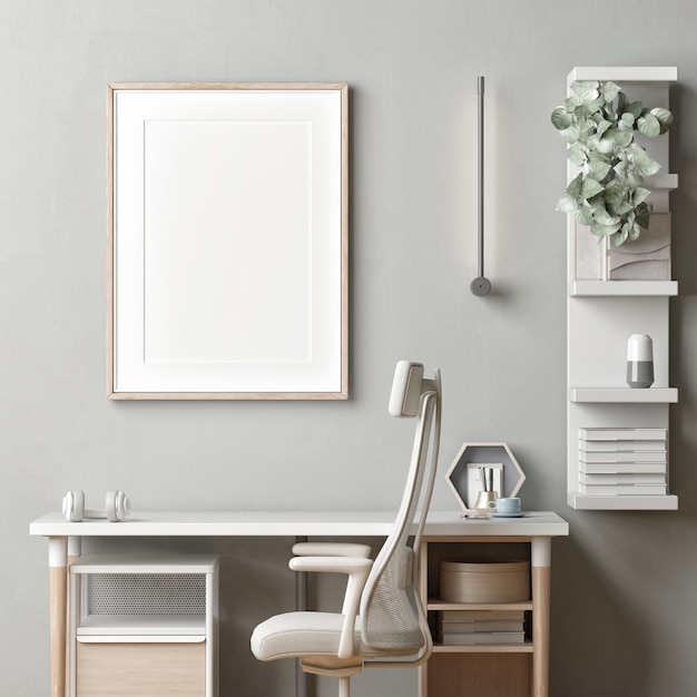 a home workplace with a mockup poster for product presentation modern table chair and decoration