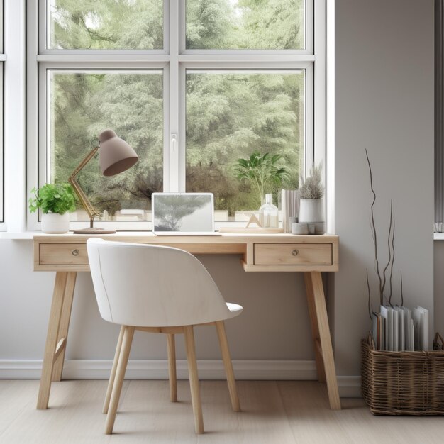 Home workplace with writing desk and white chair against window Interior design