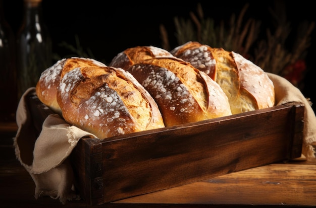 Homebaked loaved of bread in a wooden crate dark table food setting