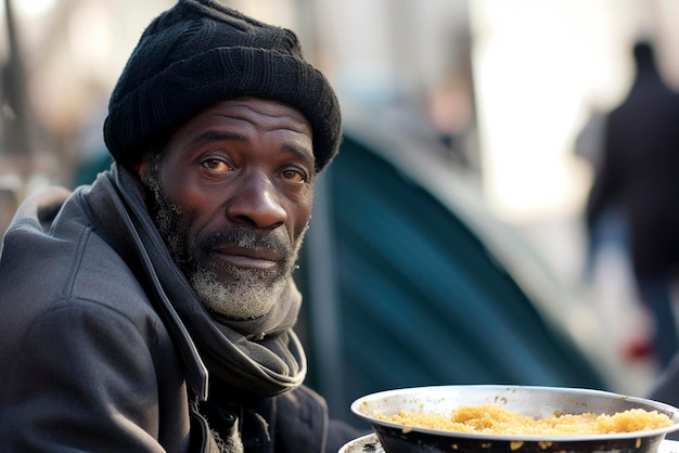 Photo a homeless african american man eats at a street canteen for the poor