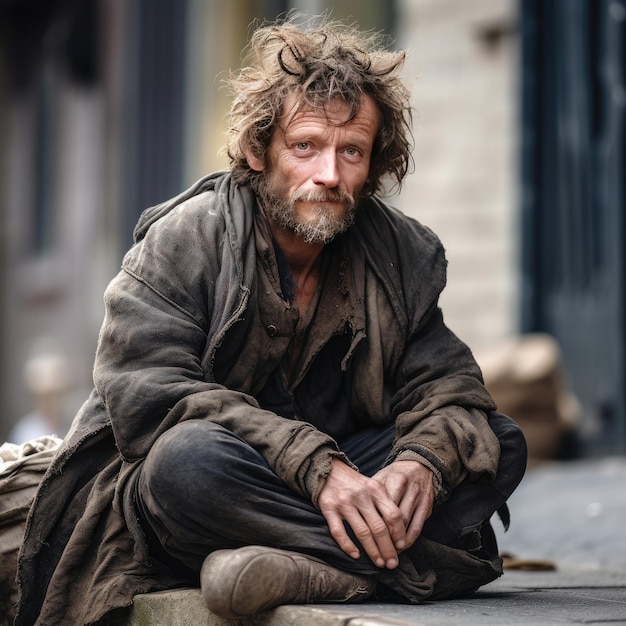 Photo a homeless beggar man sitting outdoors in city asking for money donation generative ai