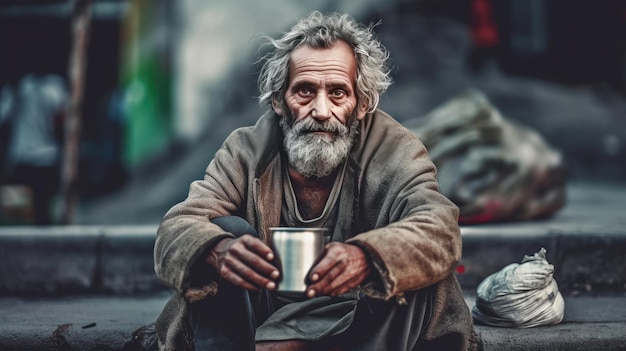 Бездомный нищий сидит на улице в городе и просит пожертвования денег.