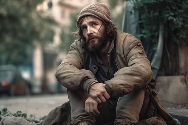 Homeless beggar man sitting outdoors in city asking for money donation