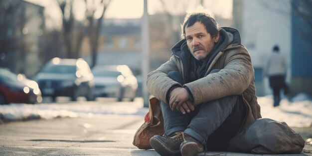 Бездомный нищий, сидящий на тротуаре в городской концепции миграции