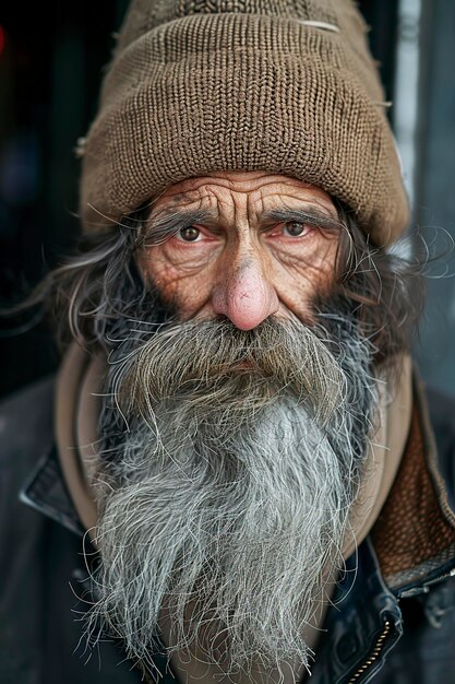 Homeless Beggar With Long Beard and Hat