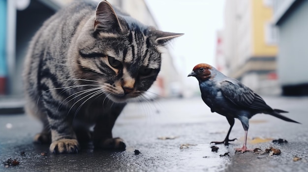 Homeless cats on the city street hunts pigeon