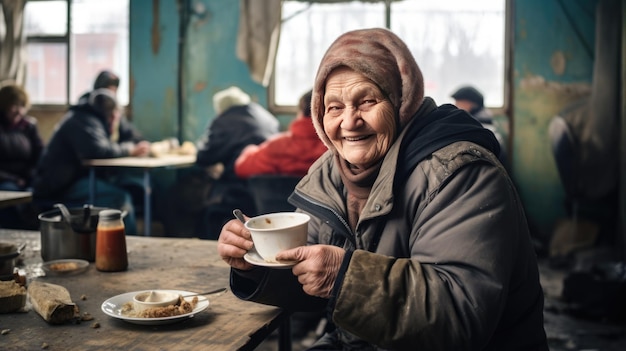 ホームレスの高齢女性が避難所の食堂に他の人々に囲まれて座っている
