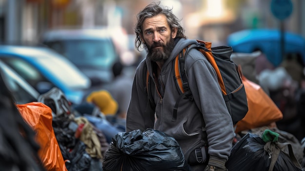 ホームレスのゴミ収集人が街の通りを一人で歩き、カメラを見ている