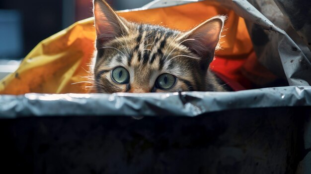 Photo homeless hungry cat looking for food in a trash container outdoors