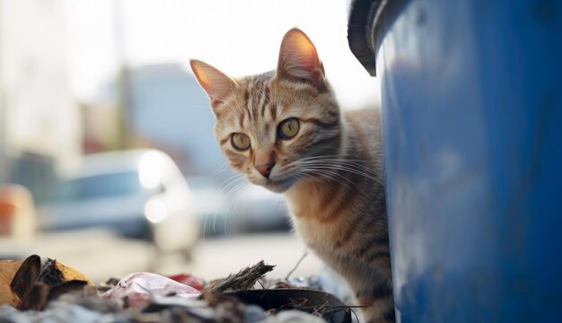 Photo homeless hungry cat looking for food in a trash container outdoors