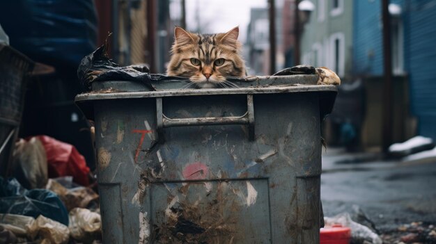 Photo homeless hungry cat looking for food in a trash container outdoors