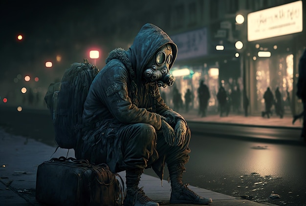 a homeless illustration with a gas mask on the street image by AI