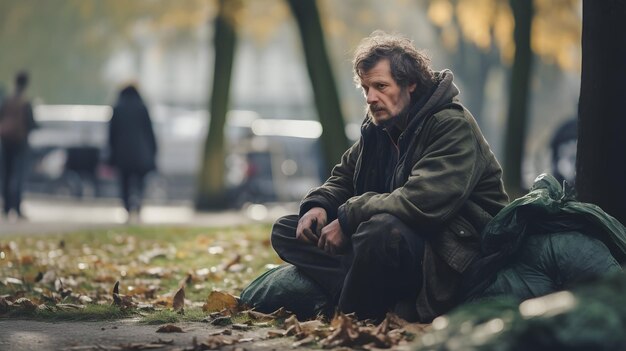 A homeless individual seeking refuge in a public park