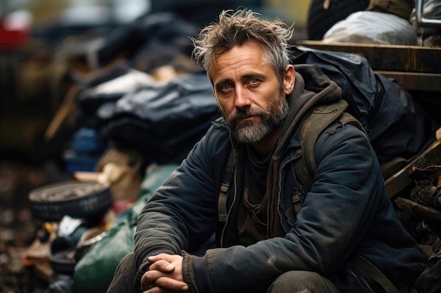 Homeless man 60s years old sitting on the street with pile of junk unhappy begging for help and money Problems of big modern cities